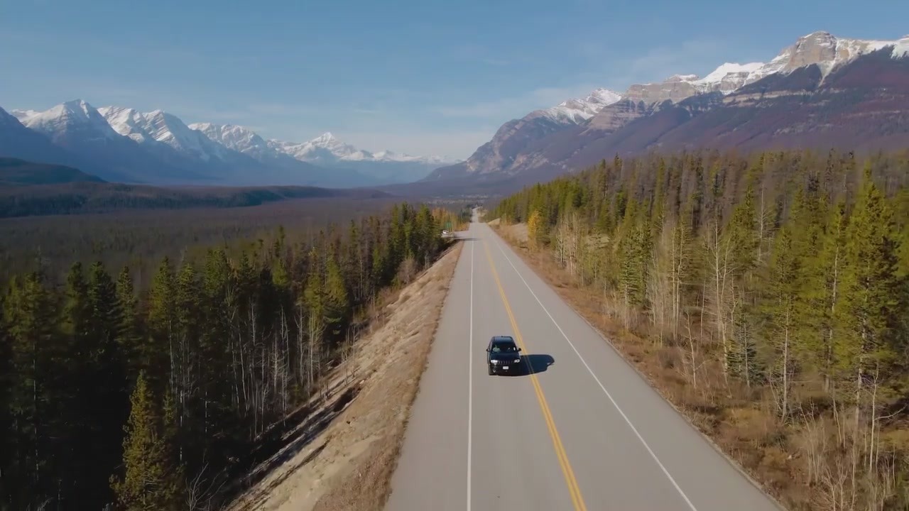 Aerial drone view of a black SUV driving a pine-lined highway toward snow-capped BC mountains