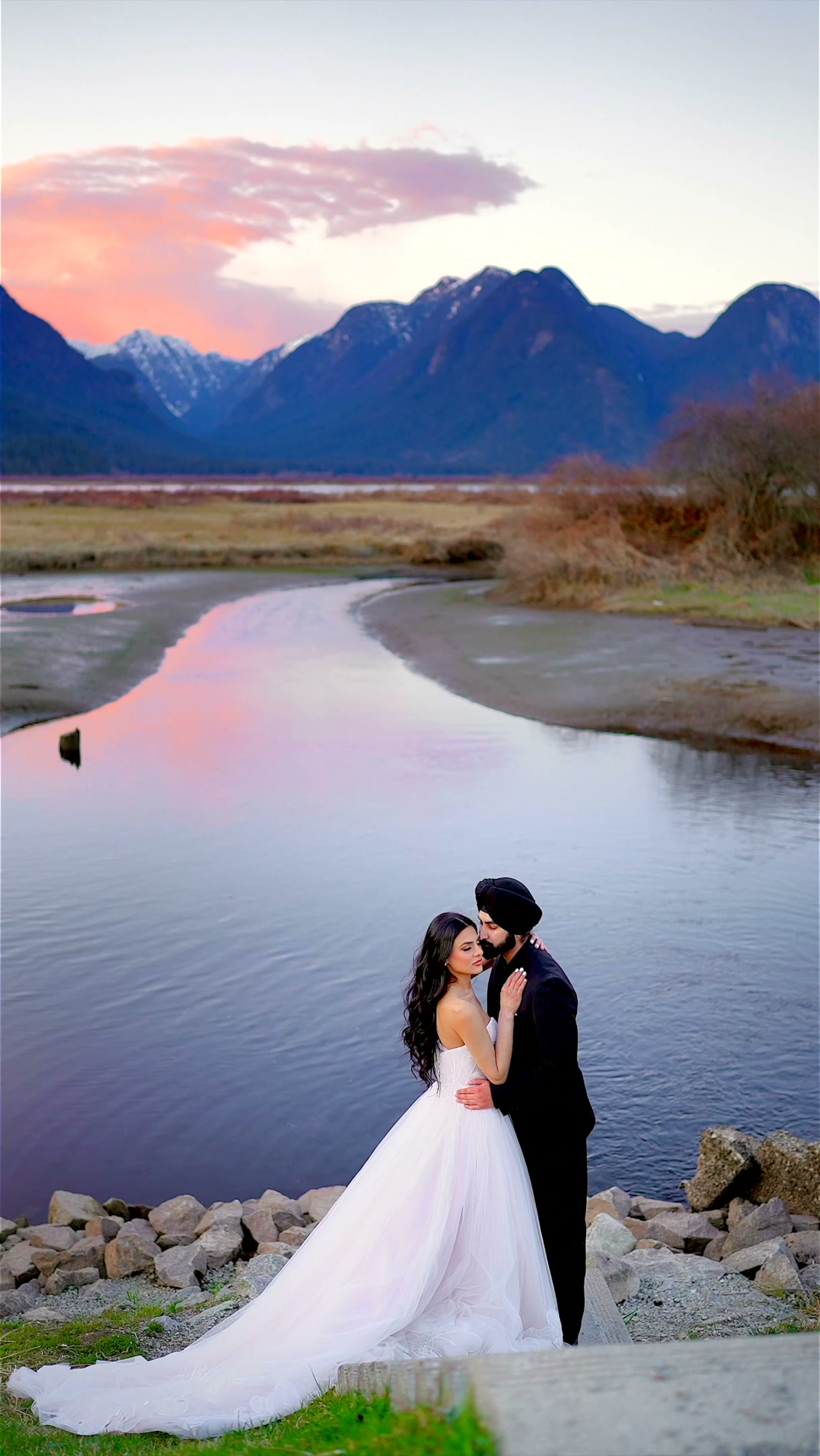 Wedding Couple at Mountain River Sunset, Vancouver, wedding cinematography near Ladner